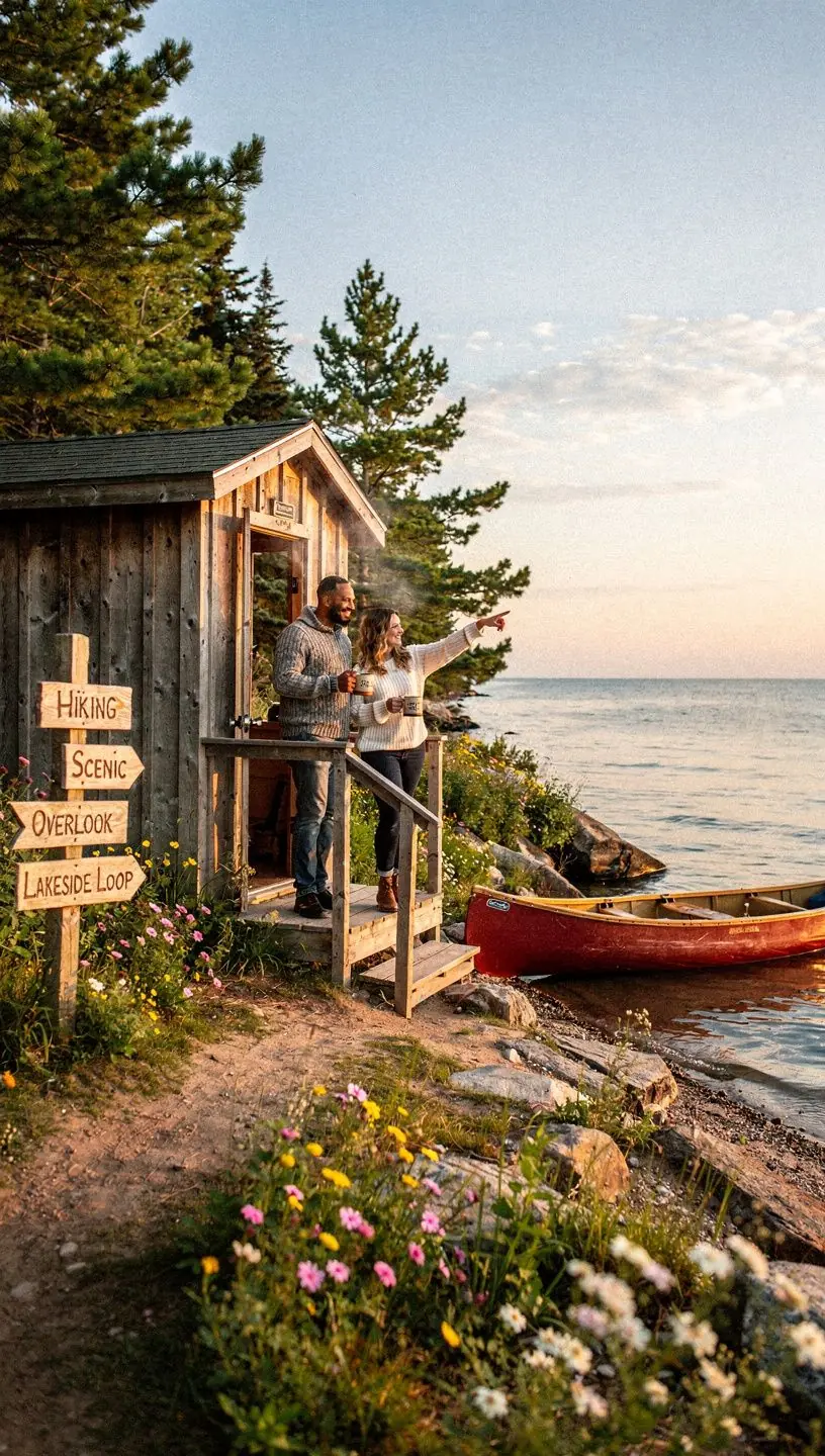 Scenic drive along a winding road bordered by lush green forests and sparkling blue lake waters in the Great Lakes region.