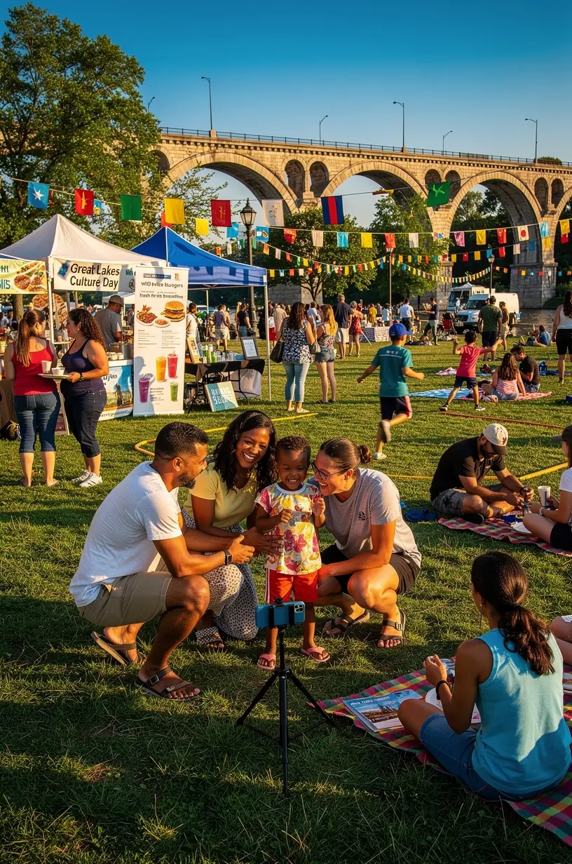 Visitors exploring a well-maintained park with walking trails and picnic areas overlooking a tranquil Great Lakes shoreline.